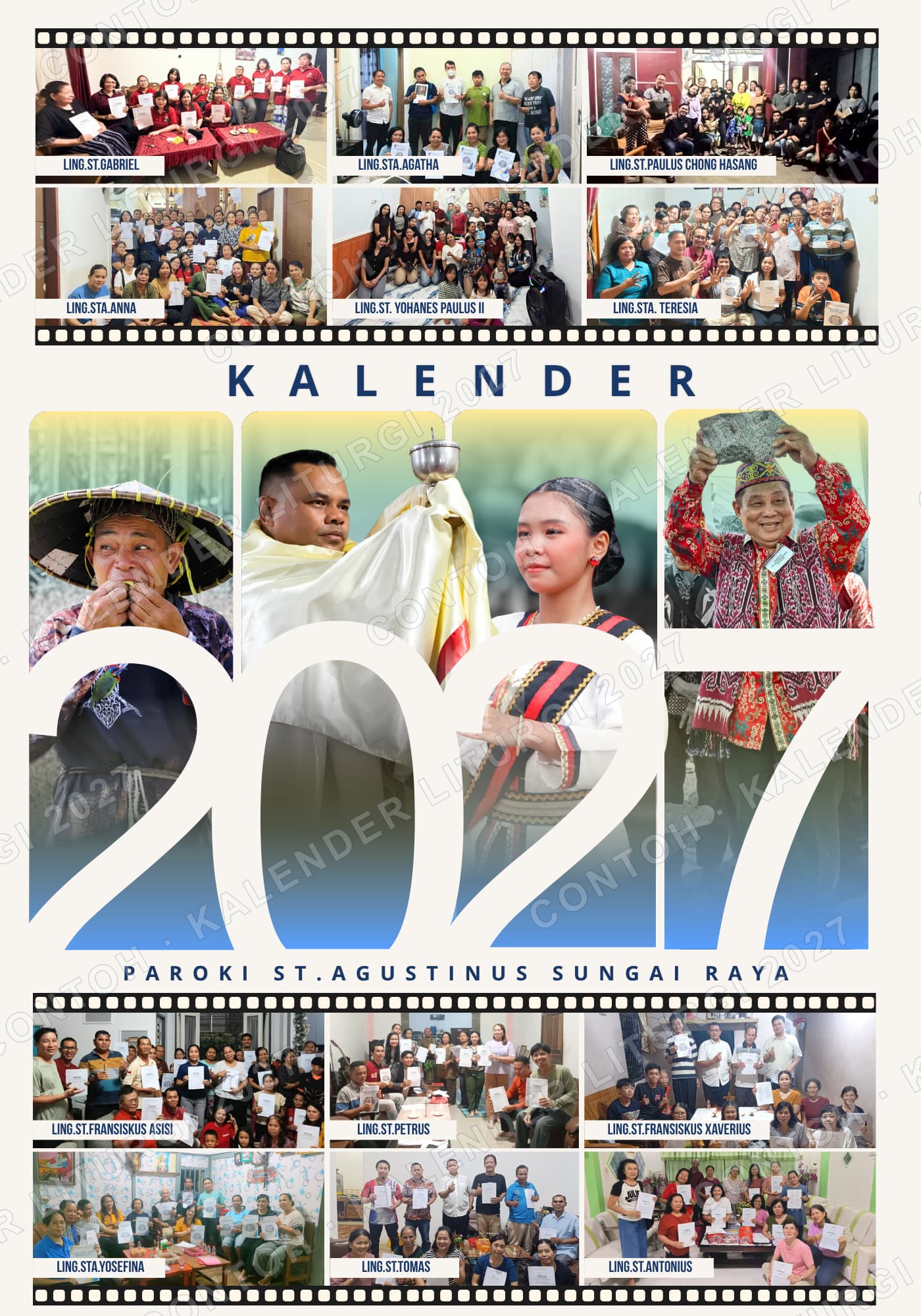 Sampul Kalender Dinding 2027: foto umat lingkungan dan tulisan Kalender 2027 Paroki St. Agustinus Sungai Raya